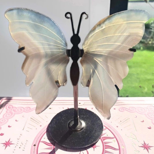 Banded Agate Crystal Butterfly on Custom Metal Stand Set