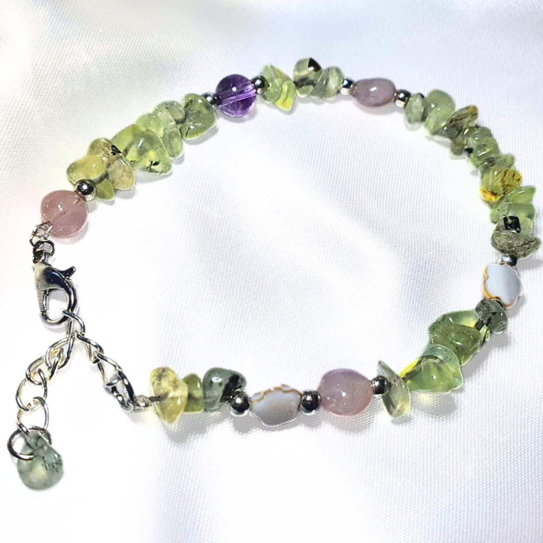 Prehnite, Rose Quartz, Amethyst with Flowers Crystal Bracelet