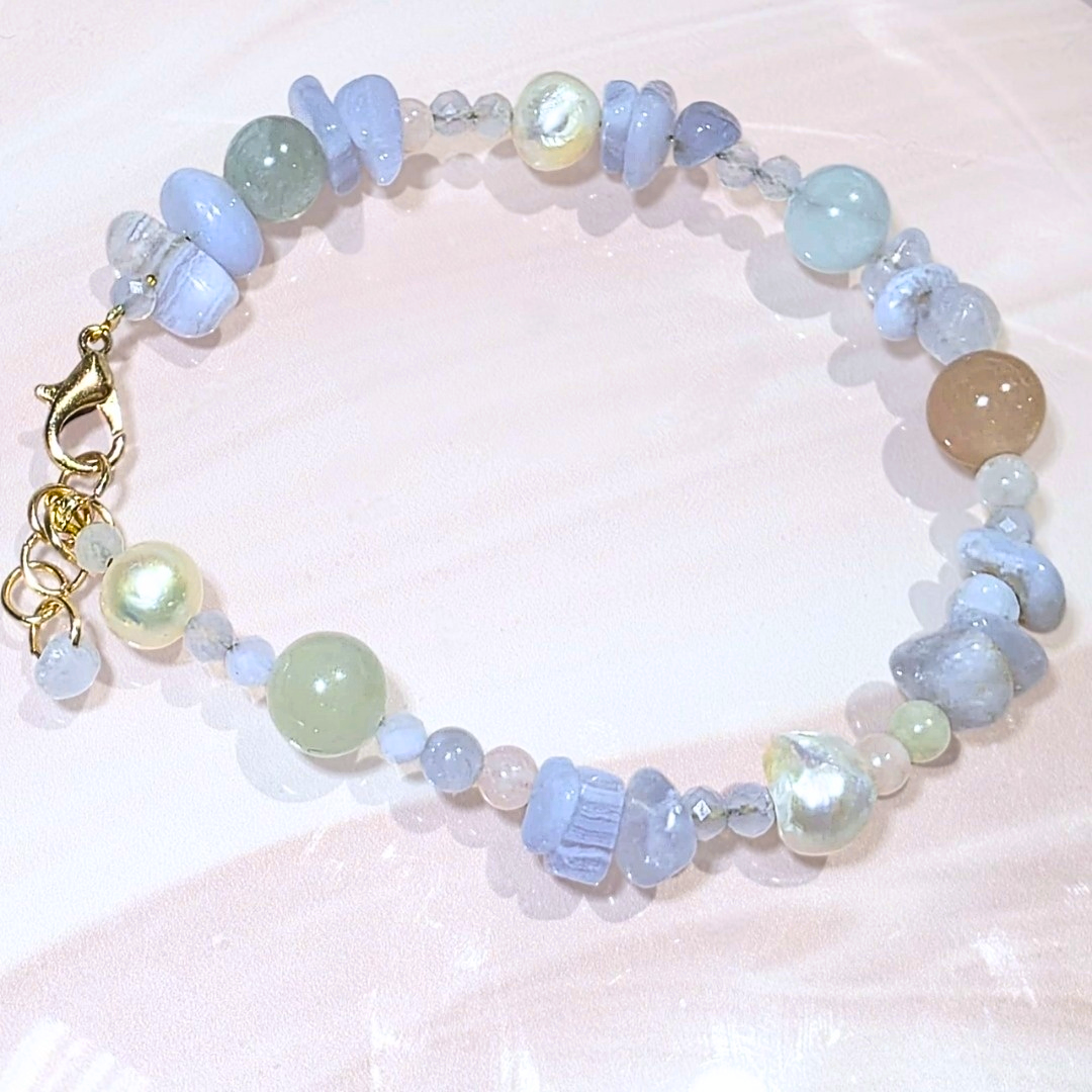 Blue Lace Agate, Morganite & Freshwater Pearl Bracelet