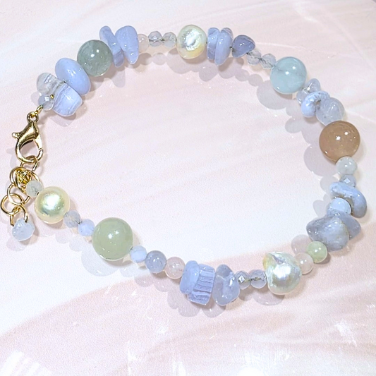 Blue Lace Agate, Morganite & Freshwater Pearl Bracelet