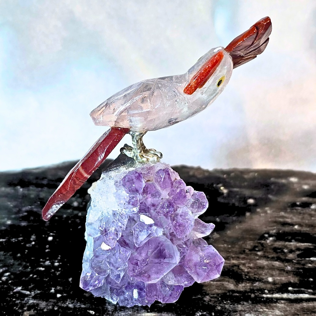 Clear Quartz Bird on Amethyst & Agate Cut Base