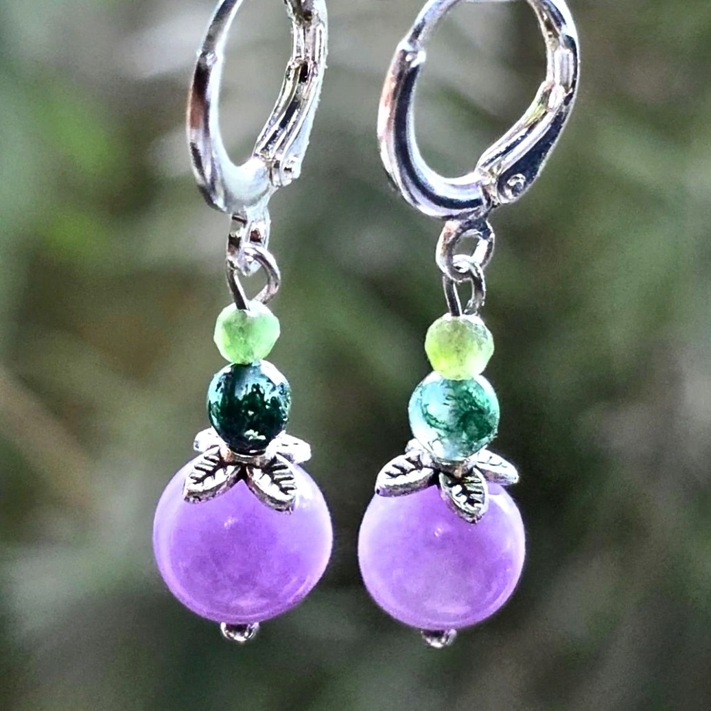 Sterling Silver Moss Agate & Lepidolite Crystal Earrings
