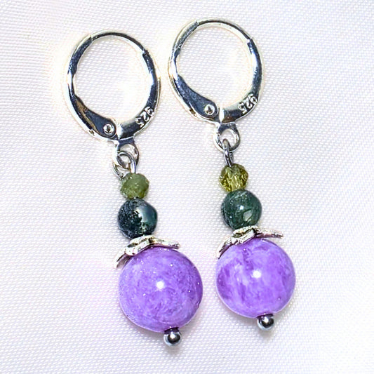 Sterling Silver Moss Agate & Lepidolite Crystal Earrings