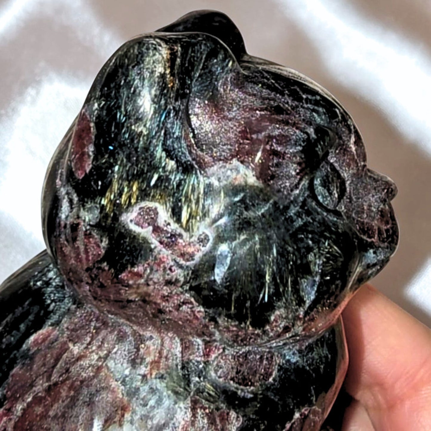 Large Garnet & Blue Arfvedsonite (Fireworks) Crystal Cat - 445g