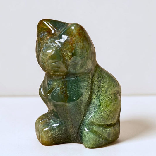 Hand-carved genuine Madagascar Ocean Jasper crystal cat carving with natural green orb patterns