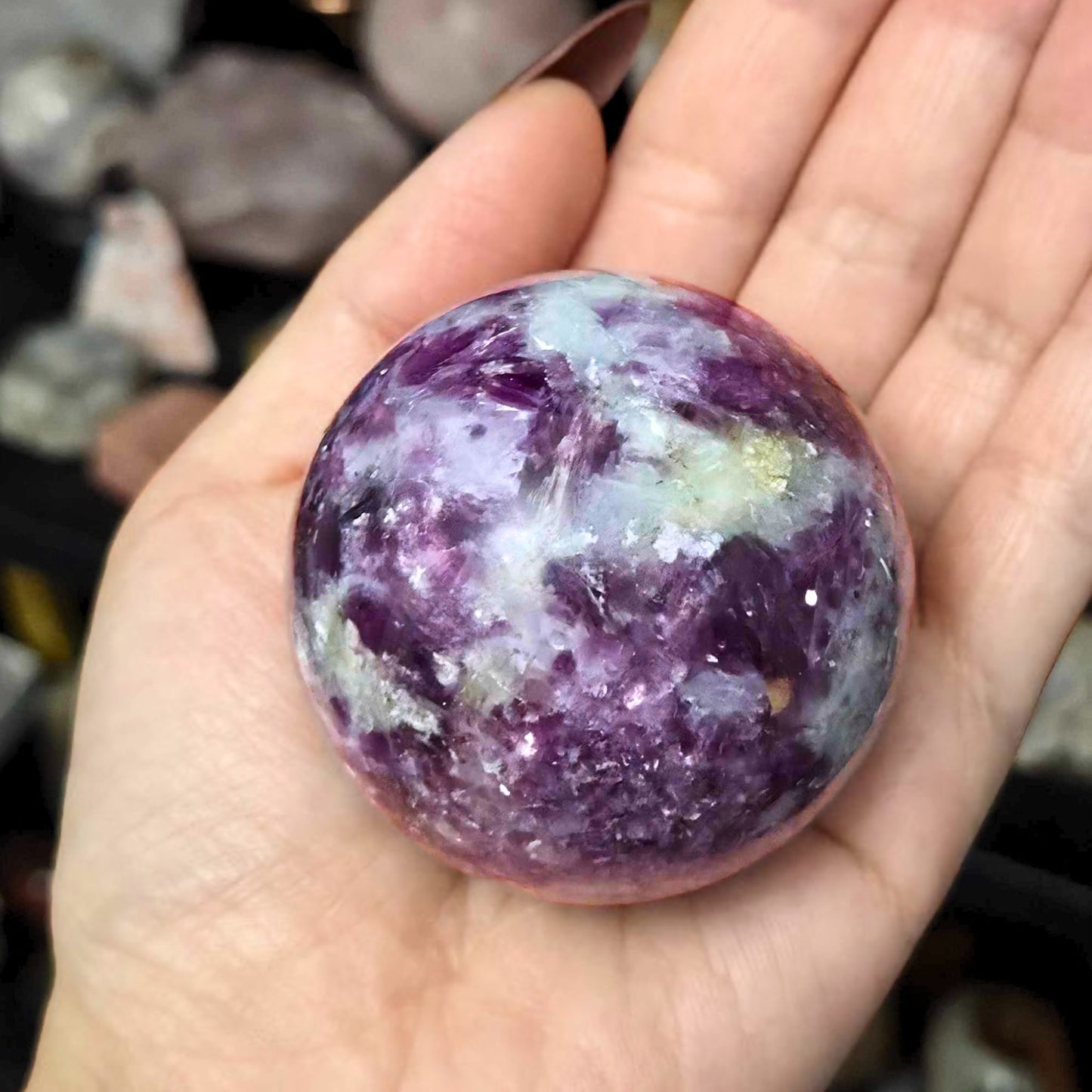 Extra Grade Purple Lepidolite, Quartz & Silver Mica Sphere - includes holder