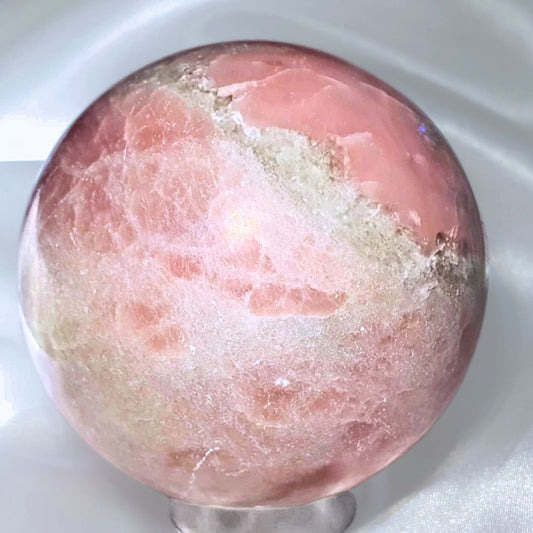 Large Pink Opal & Quartz Crystal Sphere - 422g, includes stand