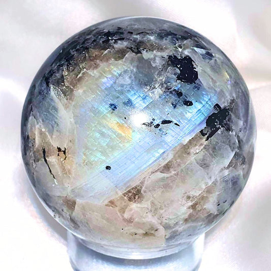 Rainbow Moonstone, Smoky Quartz & Tourmaline Sphere - holder included