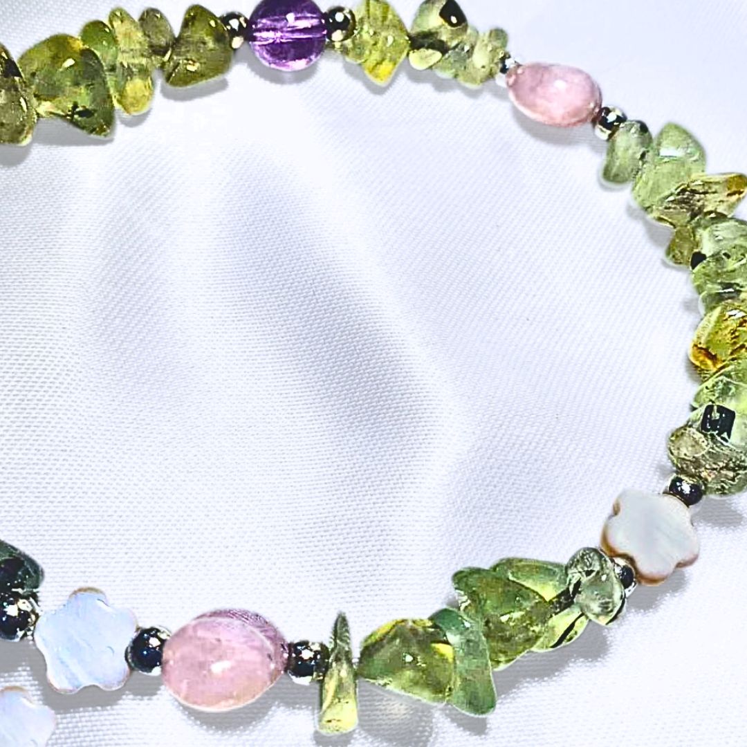 Prehnite, Rose Quartz, Amethyst with Flowers Crystal Bracelet