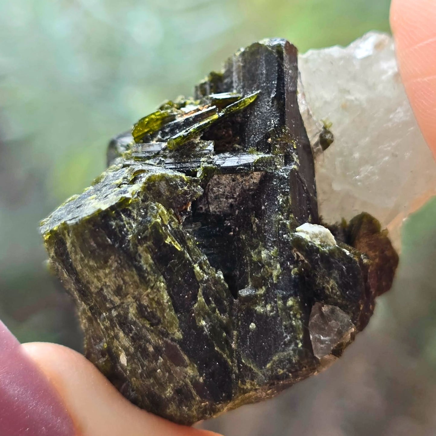 High Grade Green Epidote Crystal on Clear Quartz