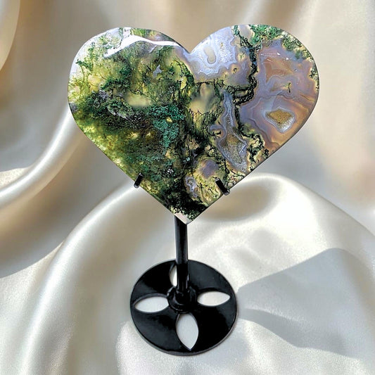 Druzy Moss Agate & Blue Chalcedony Heart on Stand - 16.5cm tall
