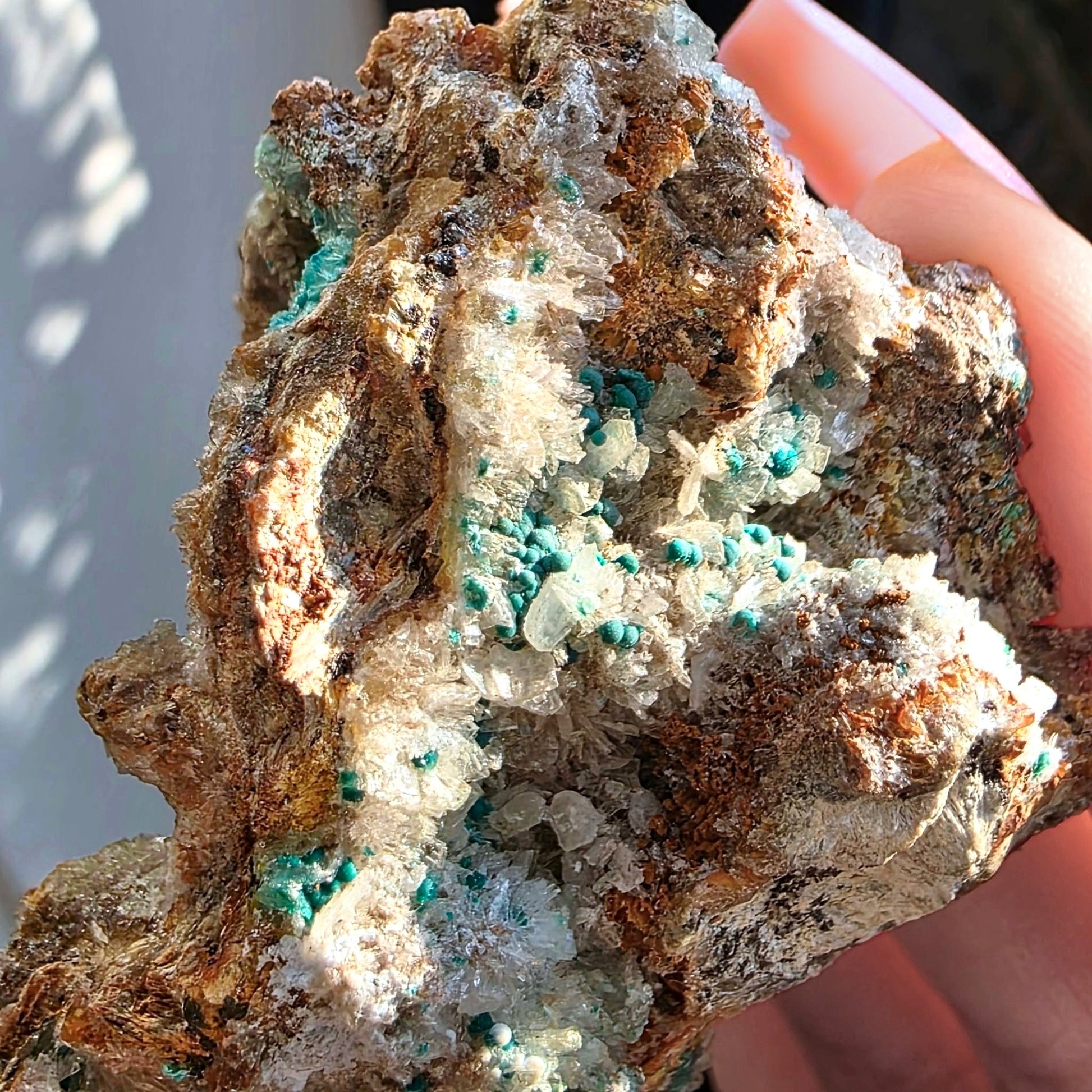 Rosasite with Needle Quartz on Limonite Specimen