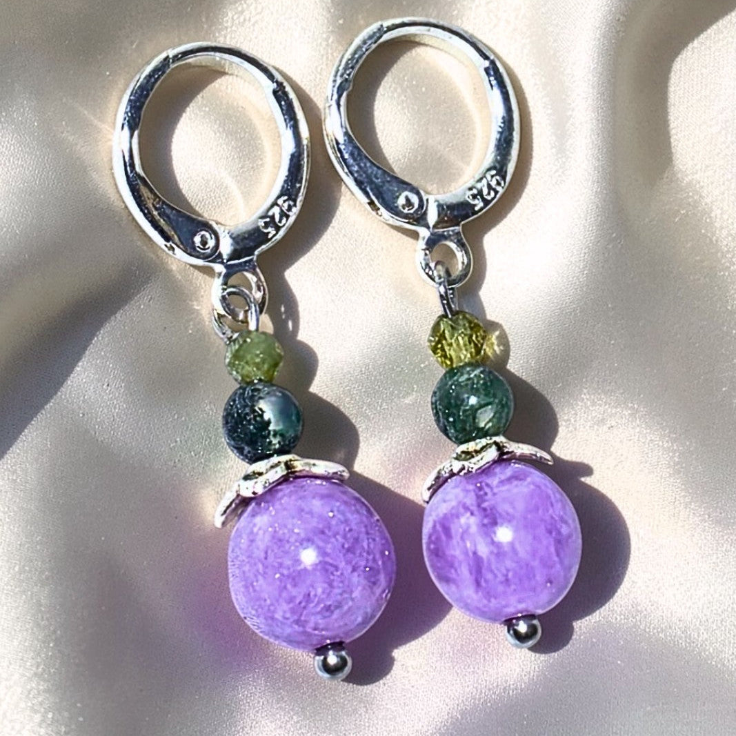 Berry Lepidolite crystal and Moss Agate sterling silver earrings with genuine natural purple and green gemstone beads.