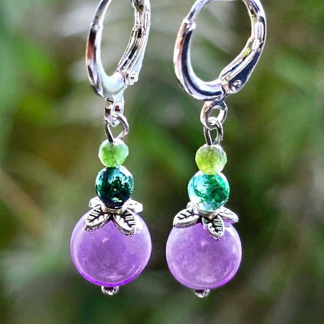 Berry Lepidolite Crystal & Moss Agate Earrings