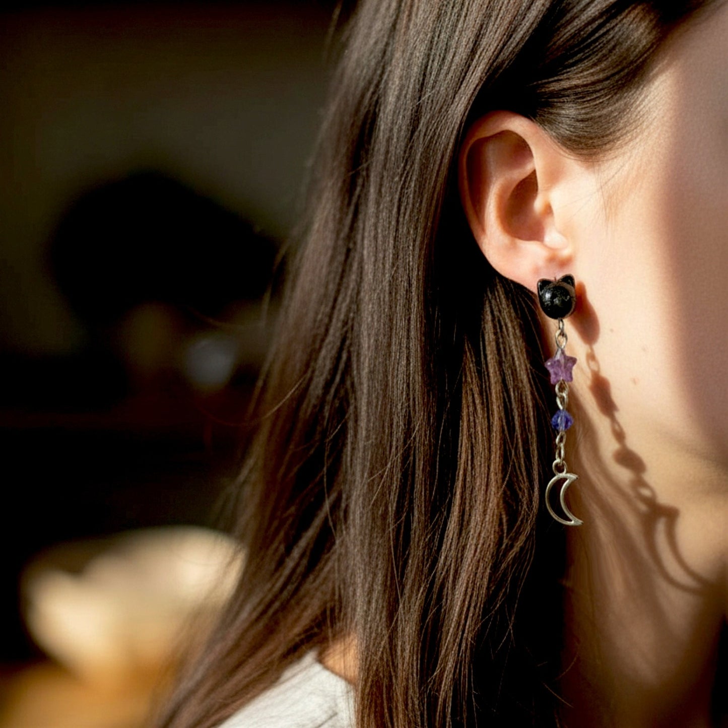 Hematite cat & Amethyst Crystal Earrings