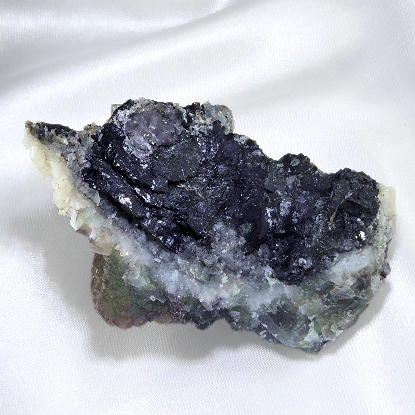 Stepped Purple Green Fluorite on Candle Quartz & Metallic Hematite Specimen