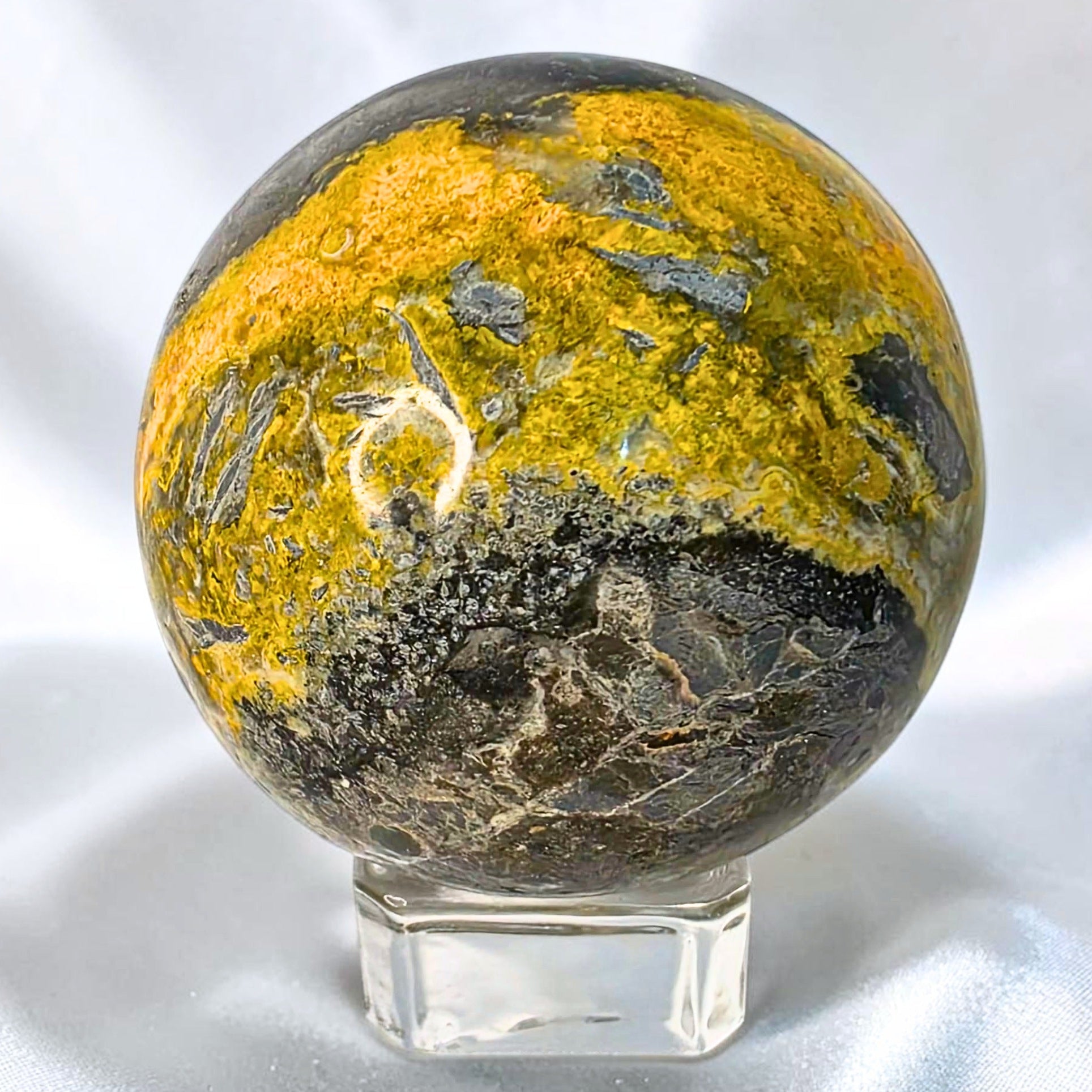 rare high grade bumblebee jasper sphere yellow black volcanic pattern 171g