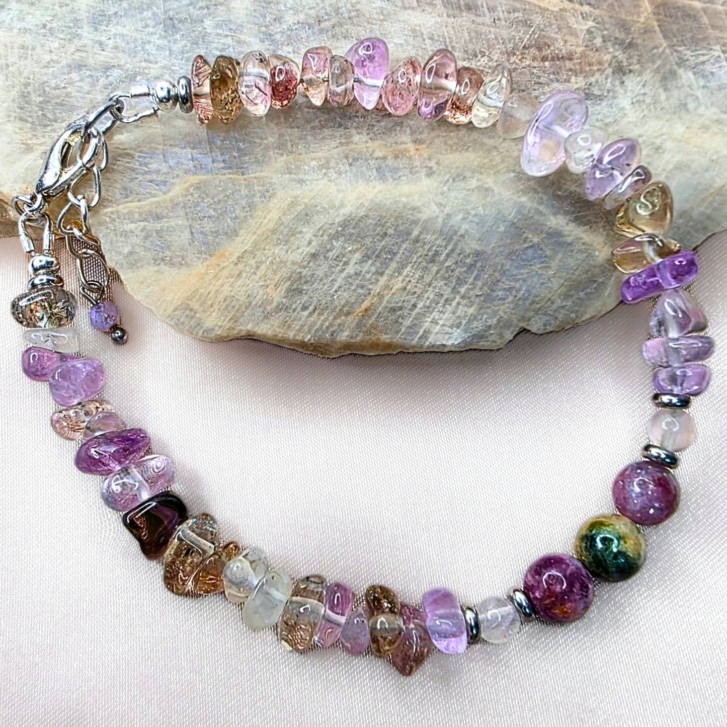 Super Seven crystal chip bracelet with green and pink tourmaline beads on extendable metal chain with clasp - australian crystal shop