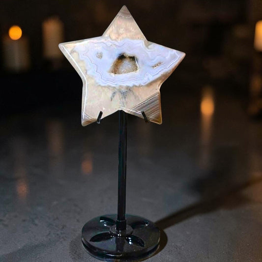 High Grade Agate Star on Custom Stand with Druzy Quartz Centre
