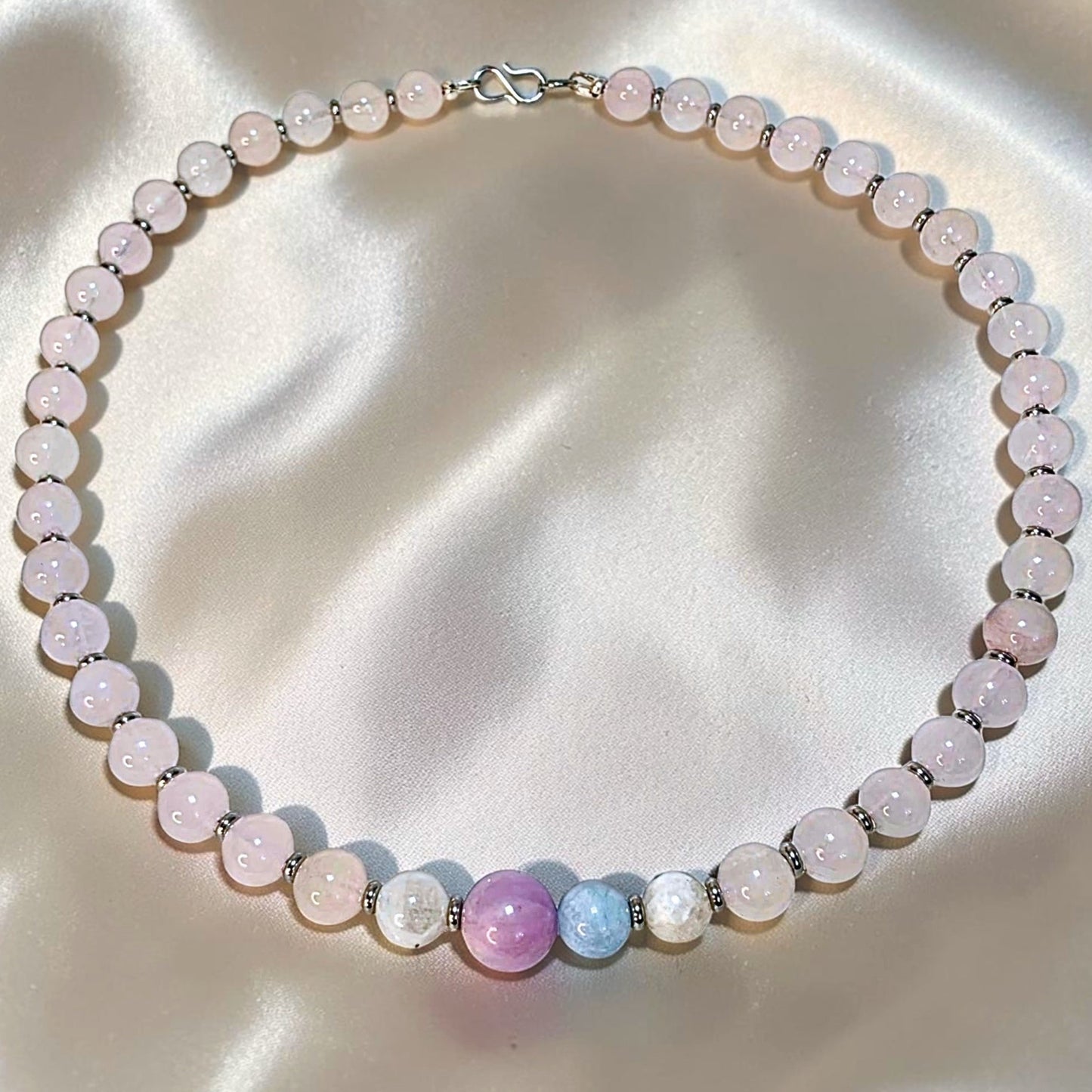 rose quartz kunzite aquamarine necklace