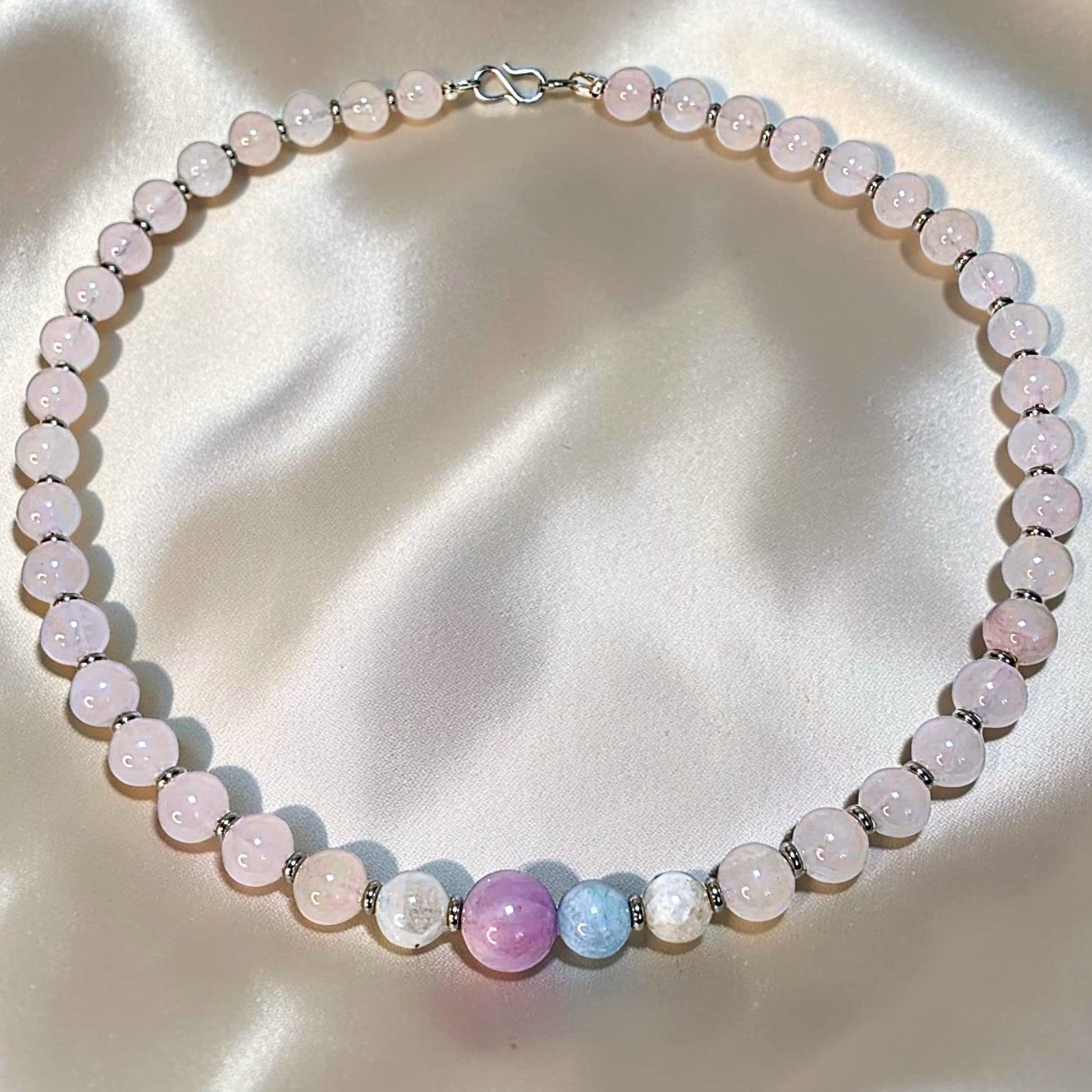 rose quartz kunzite aquamarine necklace