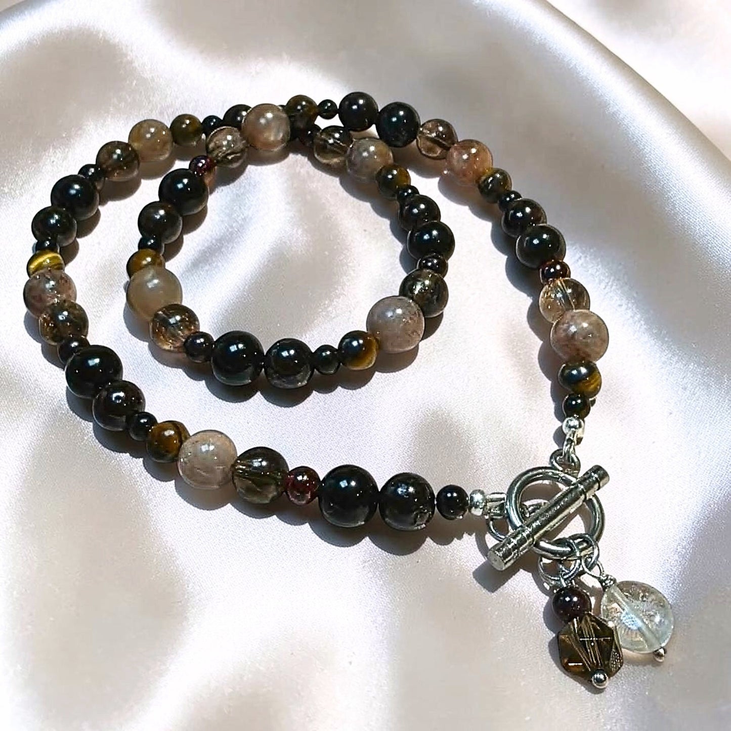 Crimson Veil Crystal Necklace | Garnet, Obsidian, Moonstone, Smoky Quartz, Tiger’s Eye