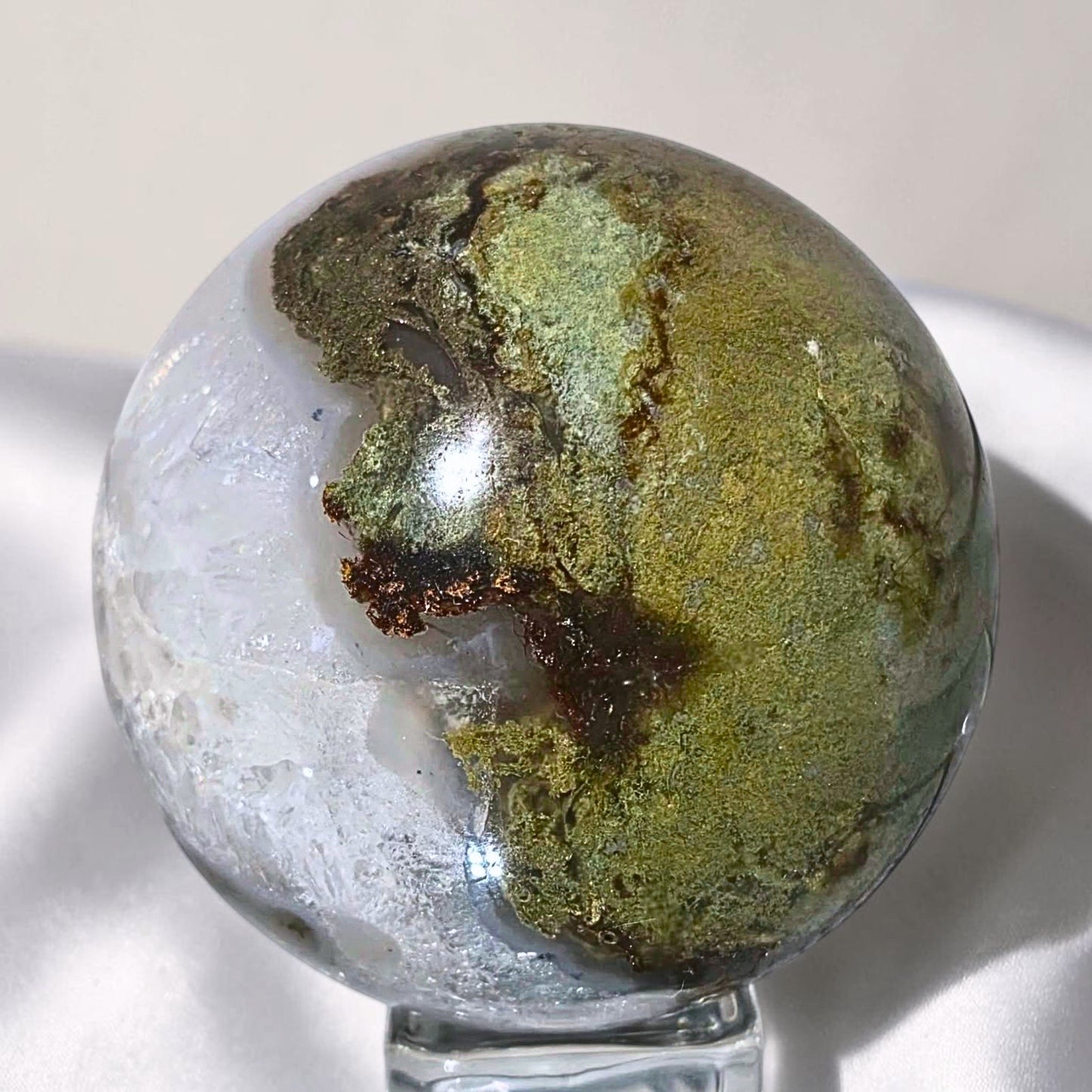 High Grade Moss Agate & Blue Chalcedony Sphere - 280g