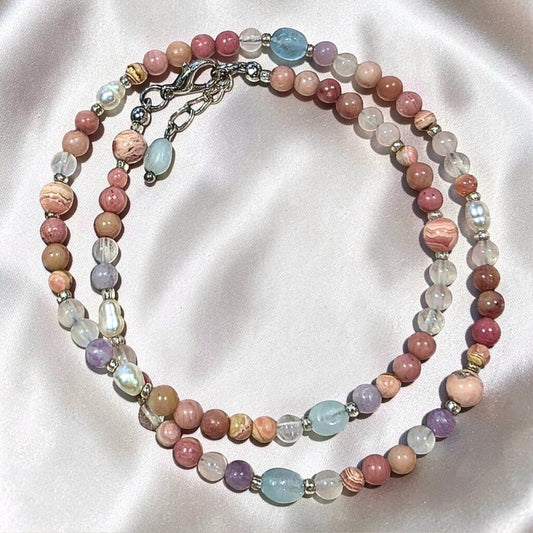 Blush Roselle Necklace | Rhodochrosite, Rhodonite, Aquamarine & Pearl (4mm)