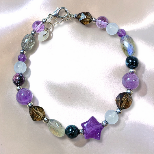 Crystal bracelet with amethyst aquamarine smoky quartz labradorite and blue tourmaline beads
