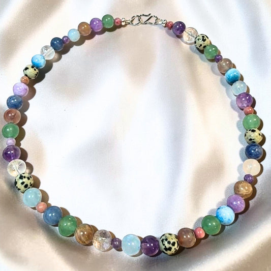 Speckle Multistone Crystal Necklace | Amethyst, Aquamarine, Dalmatian Jasper & Moonstone