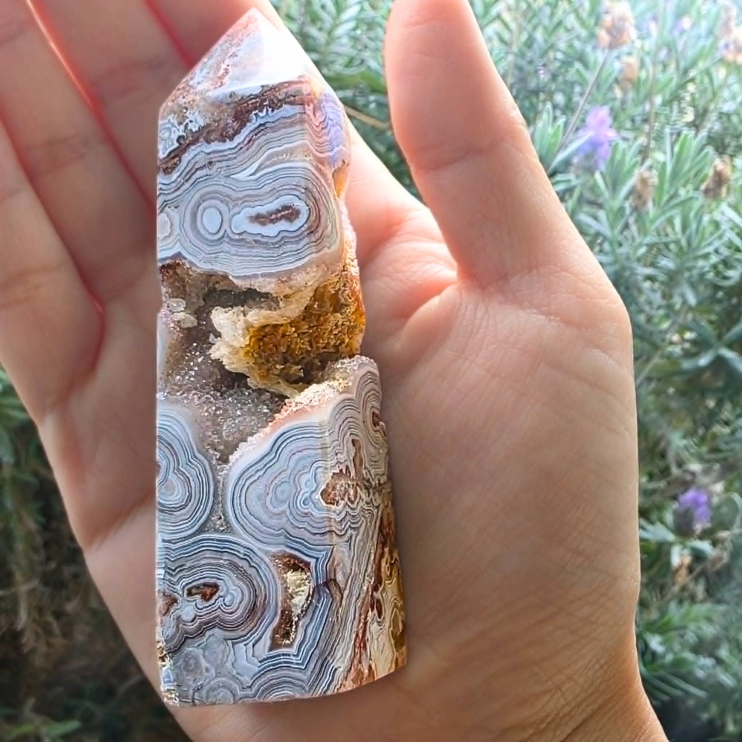 Crazy Lace Agate Tower with Druzy Quartz Opening