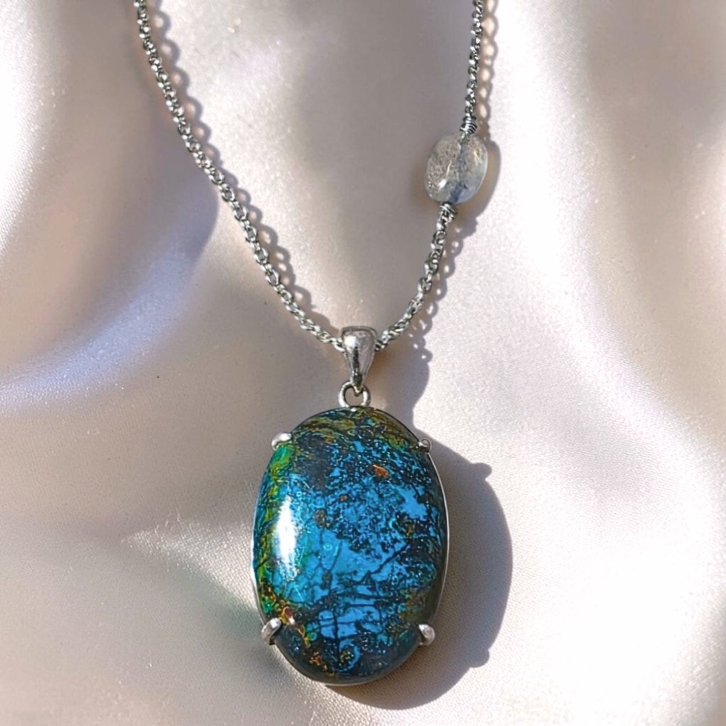 Rare Shattuckite & Labradorite 925 Sterling Silver Necklace