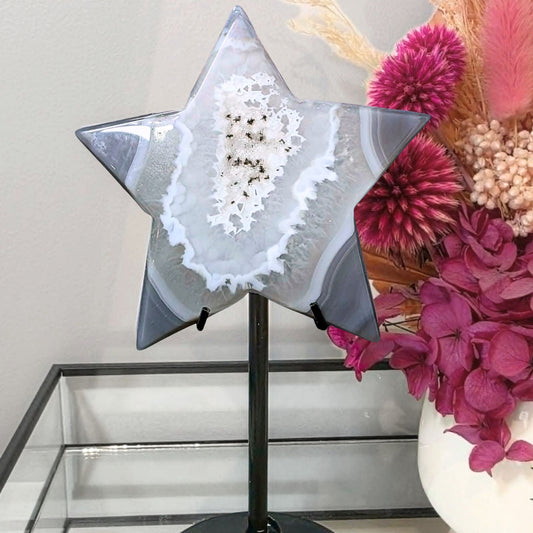 High Grade Medium Druzy Agate Star on Custom Stand - 18.5cm tall