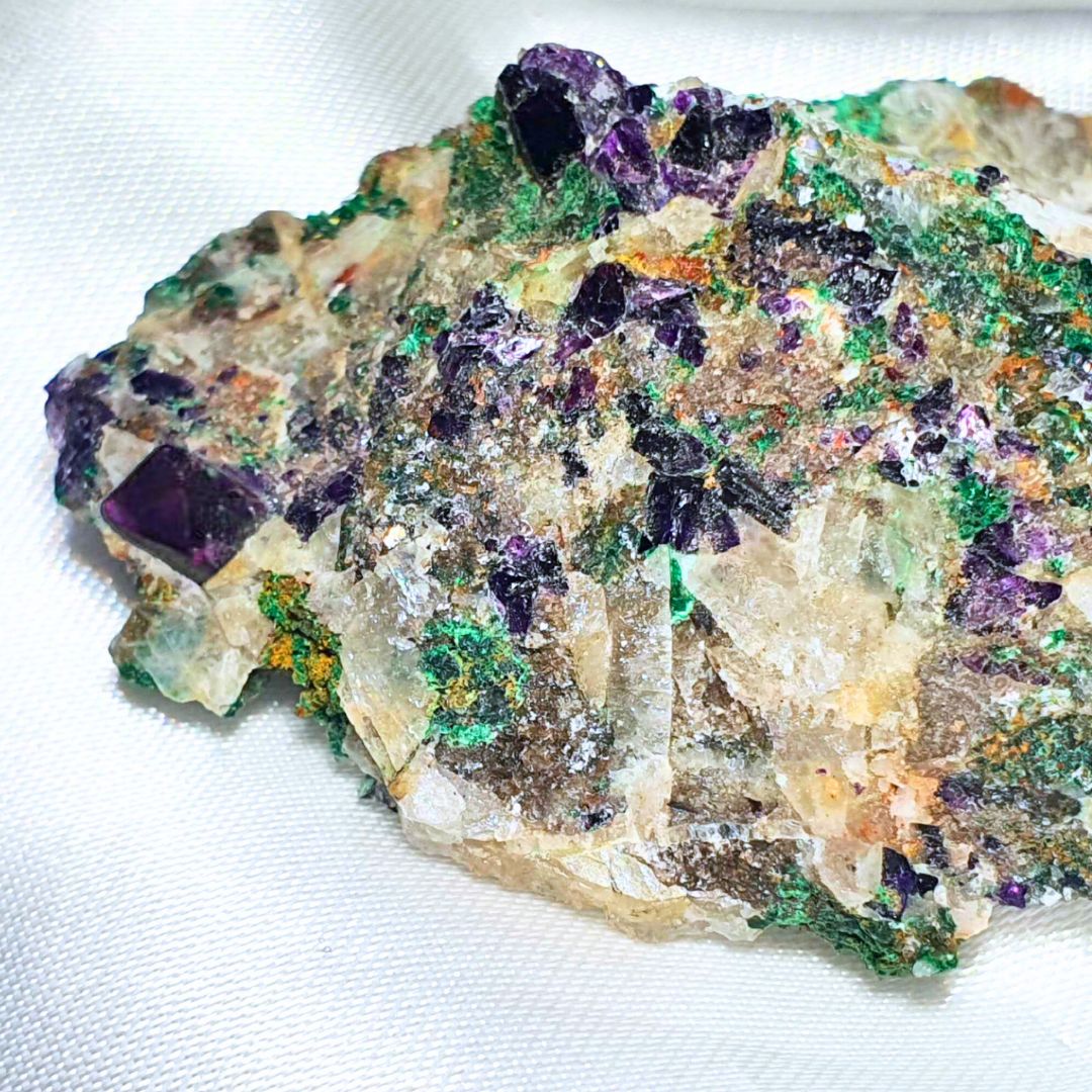 Rare Purple Cubic Fluorite on Malachite & Mica Specimen 2