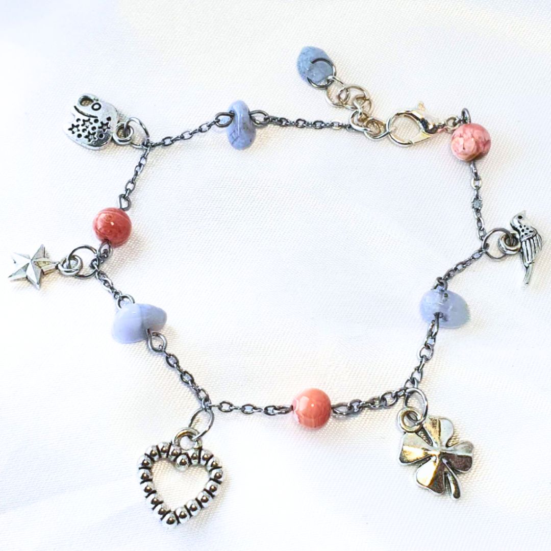 Rhodochrosite & Blue Lace Agate Crystal Charm Bracelet