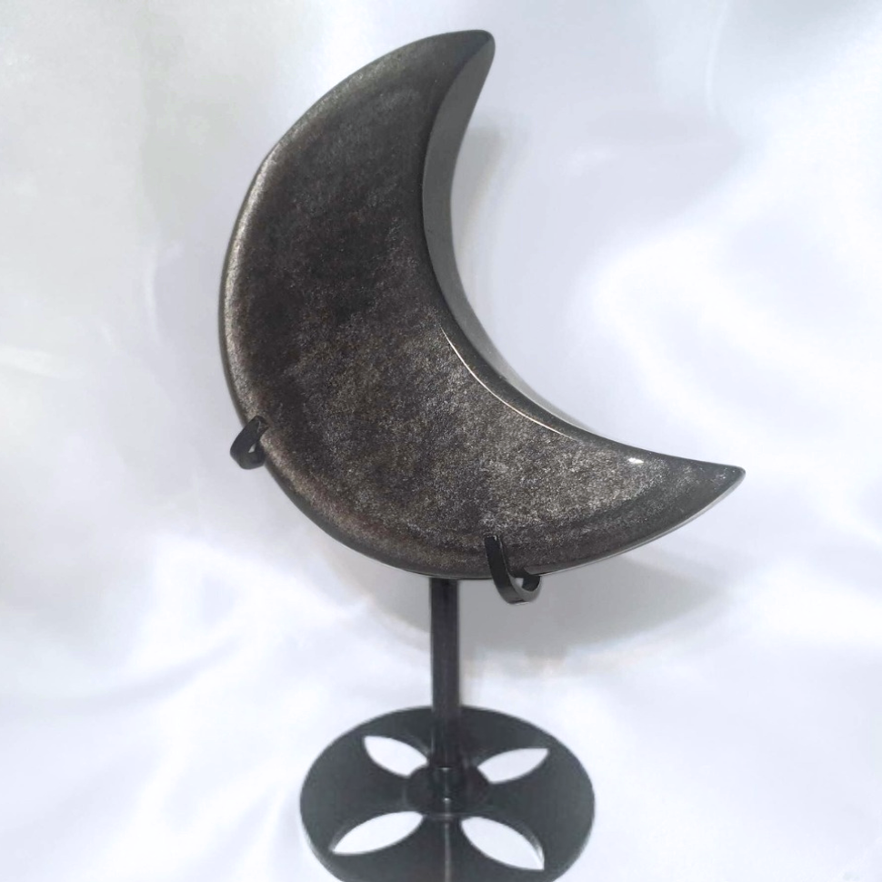 High Grade Silver Obsidian Moon with Metal Stand