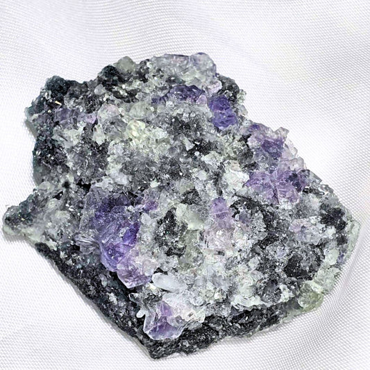 Purple-Blue Cubic Fluorite on Druzy Quartz Cluster with Rainbows