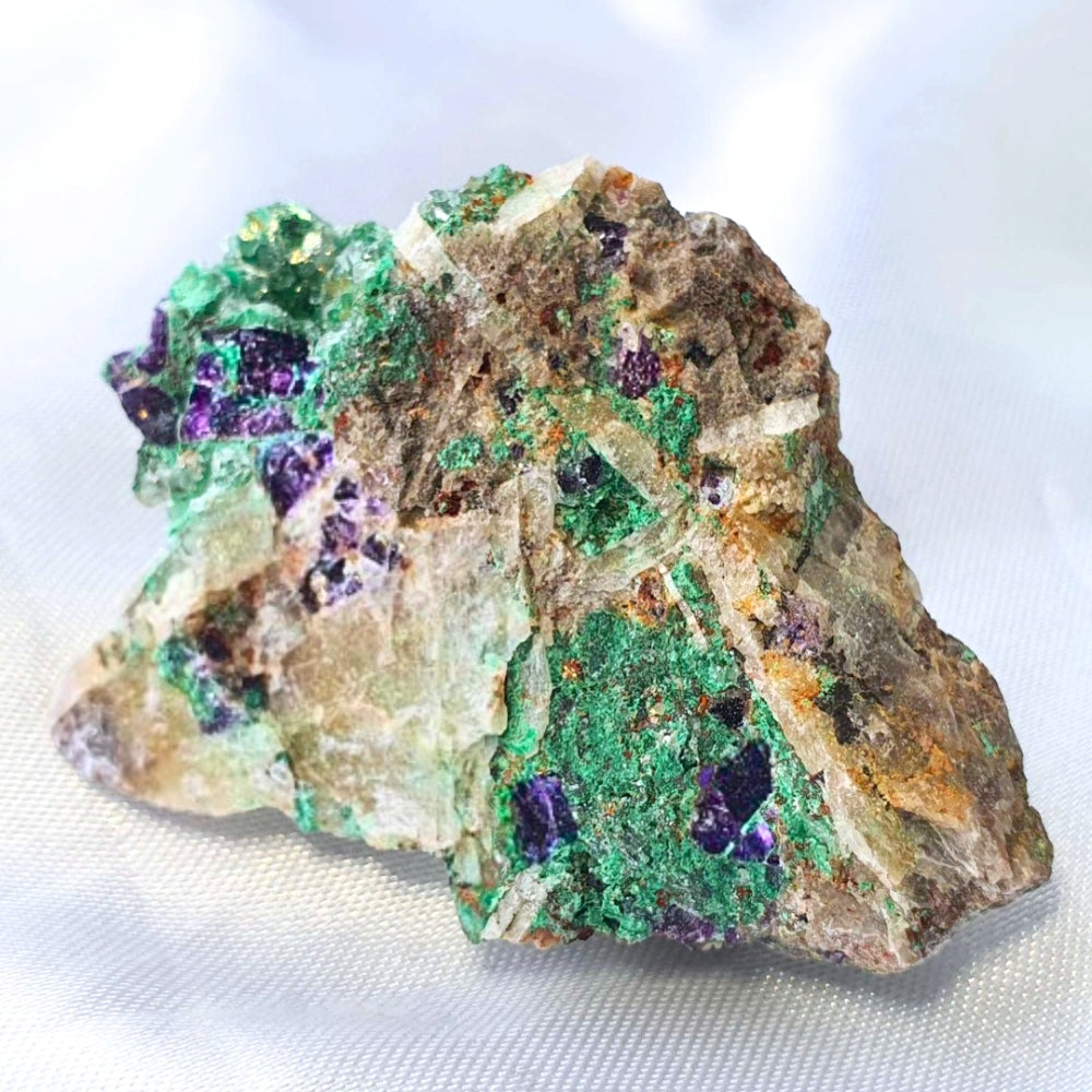 Rare Purple Cubic Fluorite on Malachite & Mica Specimen 1