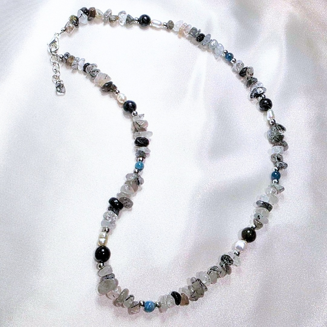Black Tourmaline in Quartz, Apatite & Freshwater Pearl Necklace