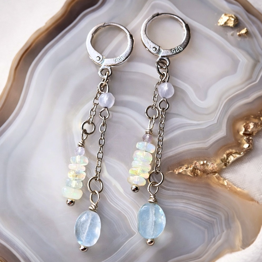 Opal Light Drop Earrings | Ethiopian Opal & Aquamarine (Sterling Silver)☁️