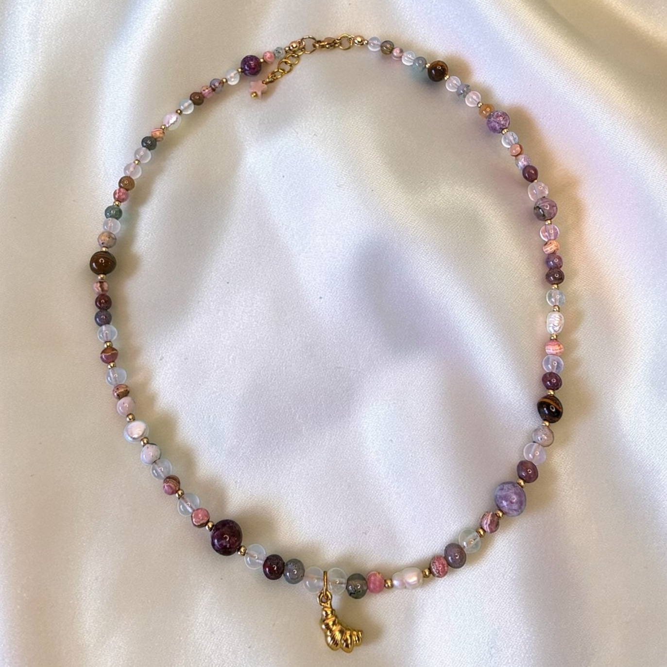 Croissant Lumière Gold Plated Necklace 🥐| Rhodochrosite, Tourmaline, Tiger’s Eye & Rose Quartz