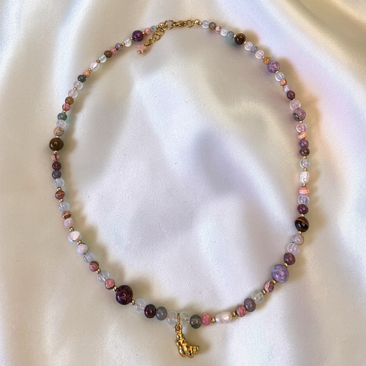 Croissant Lumière Gold Plated Necklace 🥐| Rhodochrosite, Tourmaline, Tiger’s Eye & Rose Quartz